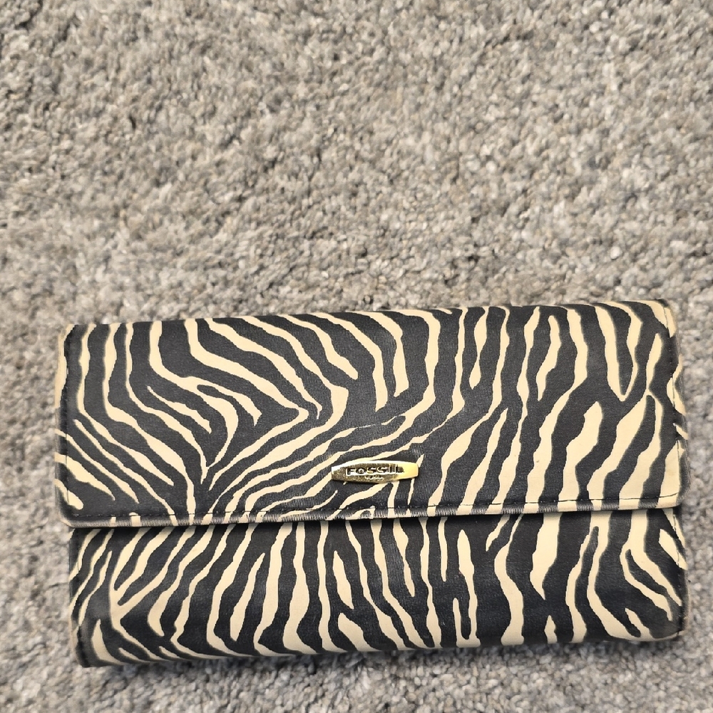 Fossil Black and Cream Zebra-Print Wallet